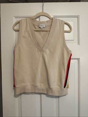 Evereve Cream V‑Neck Sweater Vest with Red, Black & Yellow Side Stripes